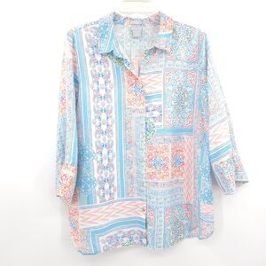 Chico's linen button up top Size 2 (L) pastel print 3/4 sleeve‎ beach